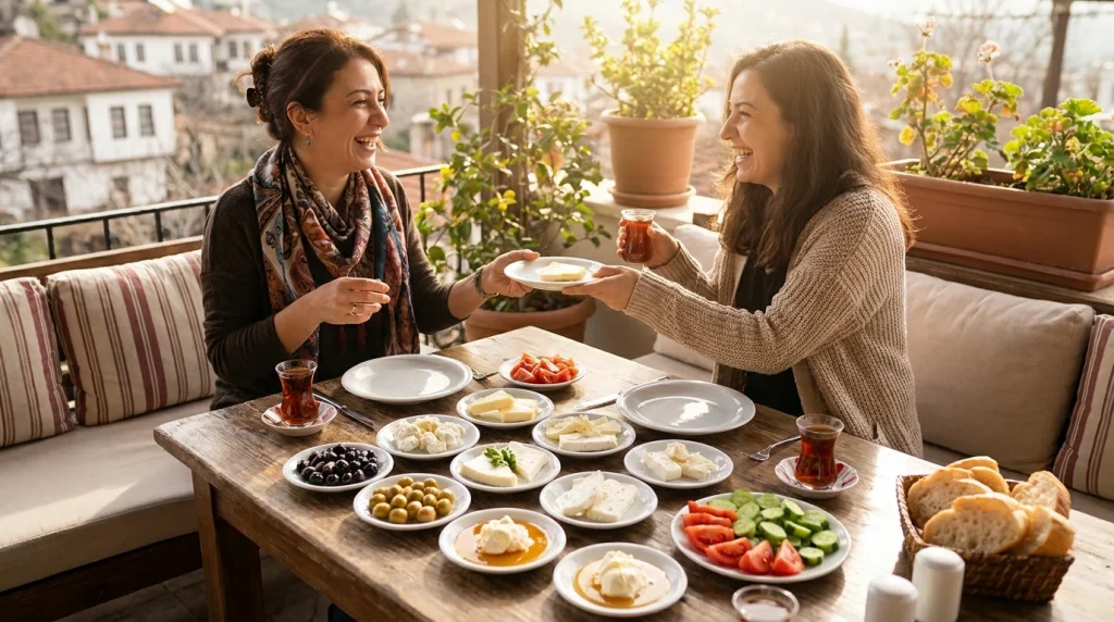 Aile bağlarını ve rızık ortaklığını temsil eden, zengin bir kahvaltı veya yemek sofrasında yenge ile otururken çekilmiş illüstrasyon.