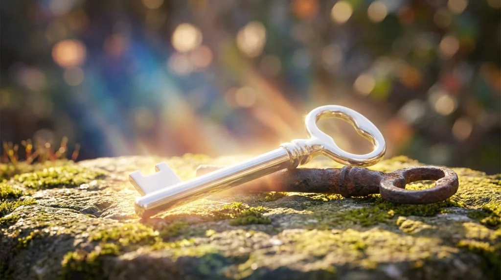 Kırık anahtarın yanında parlayan yeni ve sağlam bir anahtar; zorluktan sonra gelen kolaylığı temsil eder.