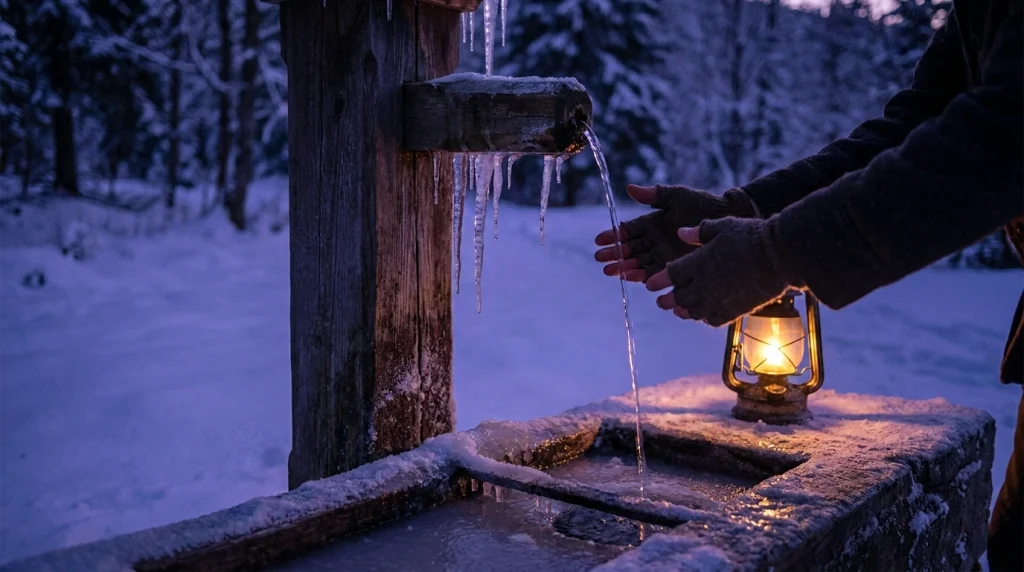 Rüyada abdest alırken karşılaşılan zorlukları ve sabrı temsil eden, kış atmosferinde geçen etkileyici bir kare.
