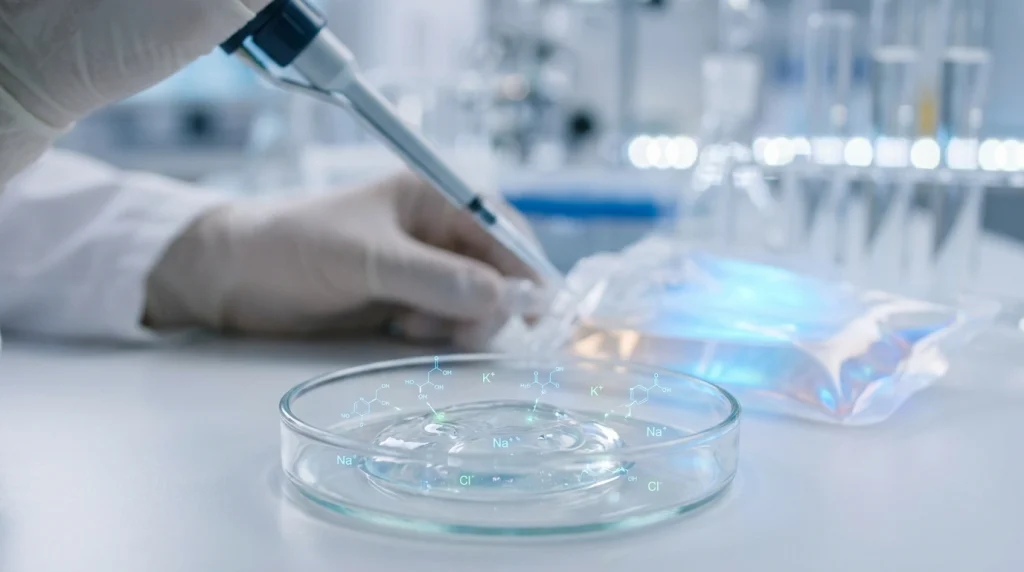 Yapay rahim içerisinde kullanılan ve bebeği koruyan kompleks sentetik amniyotik sıvının laboratuvar ortamındaki görselleştirilmesi.