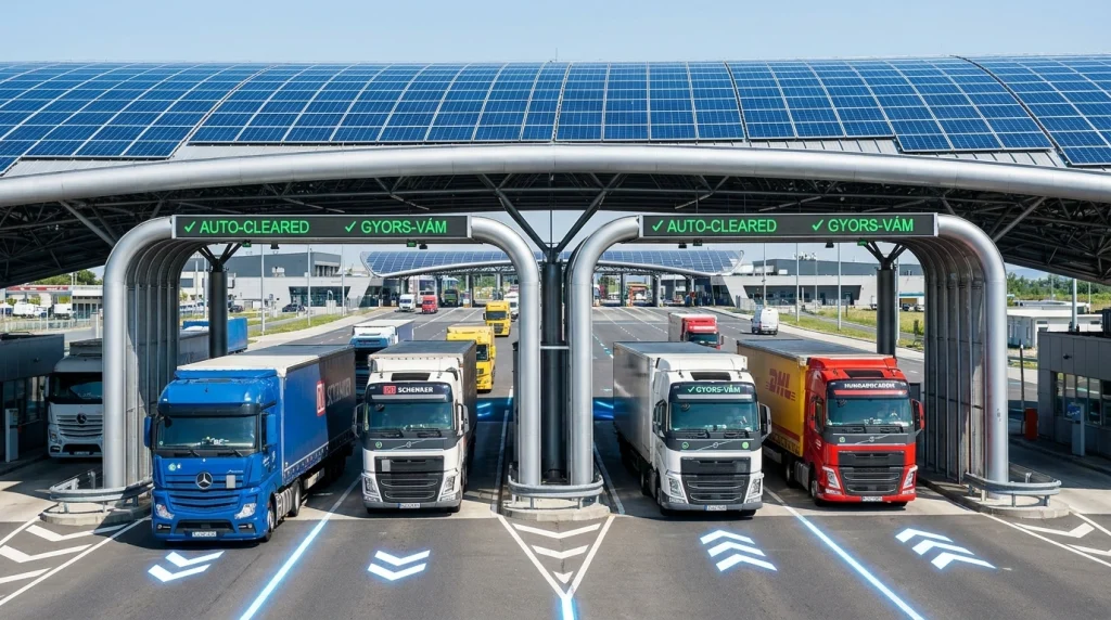 Sırbistan-Macaristan sınırındaki yeni lojistik koridorda, modern X-Ray tarayıcılardan hızla geçen tırlar ve tesisin çevre dostu güneş enerjisi altyapısı.