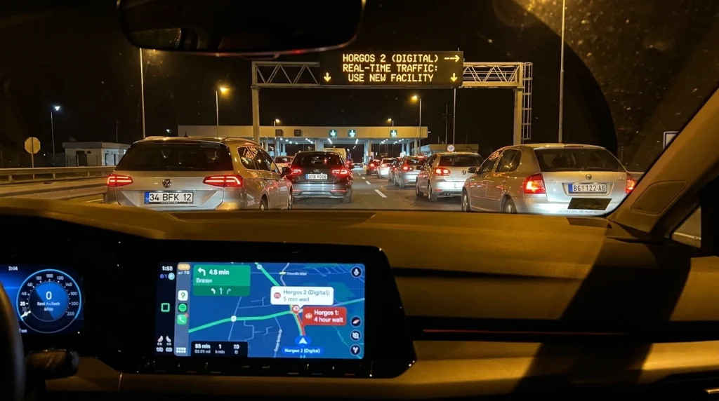 Bir gurbetçi sürücünün aracından çekilmiş fotoğraf: Sırbistan-Macaristan sınırındaki akıllı tabela, Google Maps ile entegre çalışarak trafiğin boş olduğu yeni dijital kapıyı gösteriyor.
