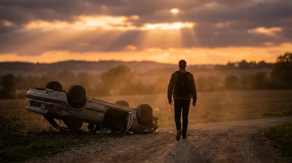 Ters dönmüş bir aracın yanından uzaklaşan, gün ışığına doğru yürüyen silüet; kurtuluşu temsil eder.