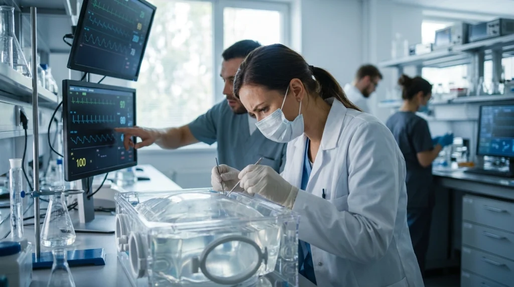 Tıbbi mühendisler ve biyologlardan oluşan bir ekibin, yapay rahim prototipi üzerindeki sentetik amniyotik sıvı değerlerini kontrol etme anı.