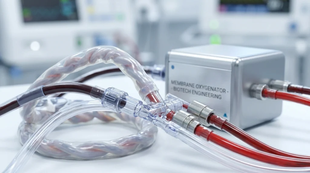 Yapay rahim sisteminde bebeğin kanının harici pompa kullanılmadan, kendi kalp atışlarıyla oksijenlenmesini sağlayan göbek kordonu bağlantısının detaylı görüntüsü.