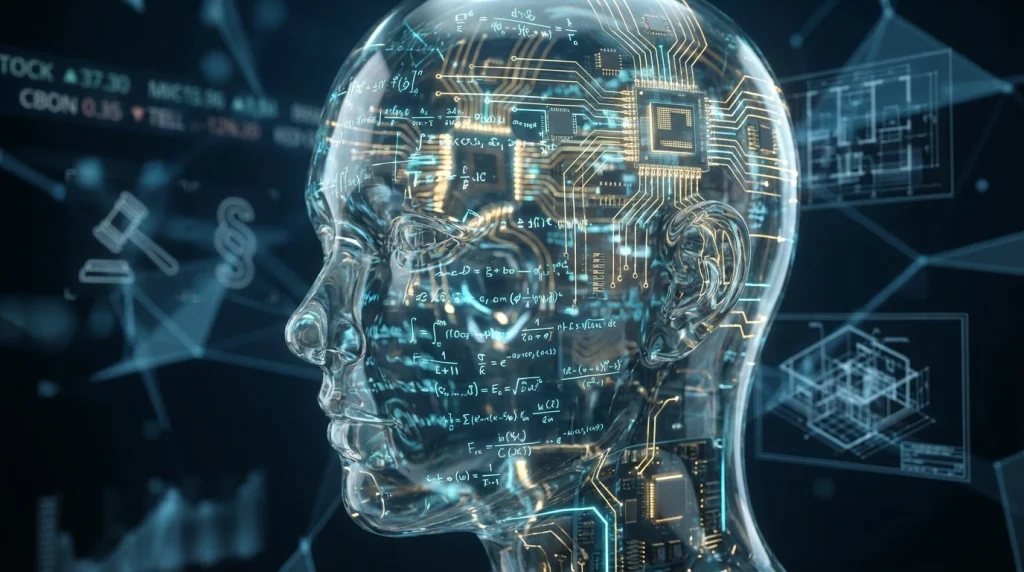 Bir insan profilinin şeffaf silüeti içinde parlayan devre kartları ve karmaşık veri analiz tablolarını gösteren teknolojik kavramsal görsel.