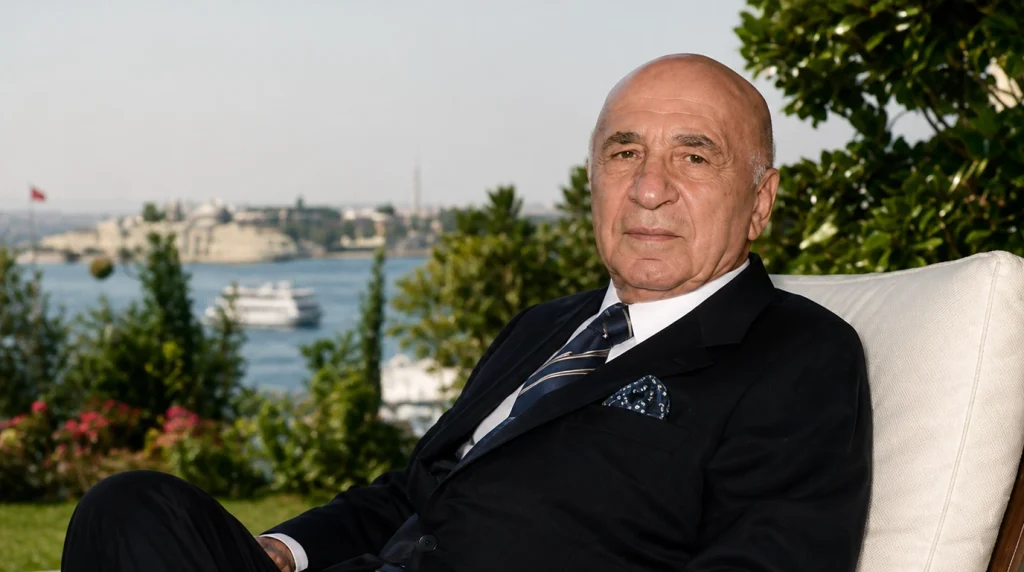 Borusan Holding kurucusu ve sanayici Asım Kocabıyık'ın İstanbul Boğazı manzaralı bir terasta, koyu renk takım elbisesiyle çekilmiş profesyonel ve ultra gerçekçi portresi.