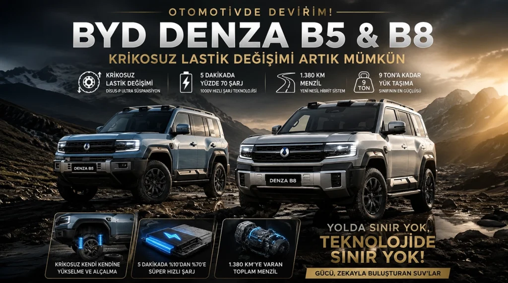 BYD'nin yeni Denza B5 ve B8 SUV modelleri 1380 km menzil, 1000V şarj mimarisi ve krikosuz lastik değişimine imkan veren DiSus-P Ultra sistemiyle tanıtıldı. Detaylar haberimizde.