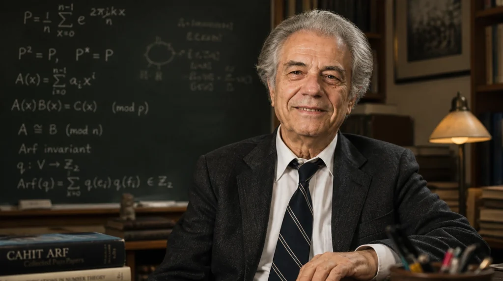 Ünlü Türk matematikçi Cahit Arf'ın yazı tahtası önünde, 'Arf Invariant' denklemleri ve matematiksel formüller eşliğinde ultra gerçekçi portresi.