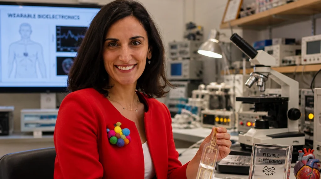 MIT Media Lab profesörü Canan Dağdeviren'in laboratuvarında, elinde esnek bir biyoelektronik cihaz tutarken çekilmiş, arka planda mikroskop ve giyilebilir teknoloji ekranları bulunan profesyonel portresi.