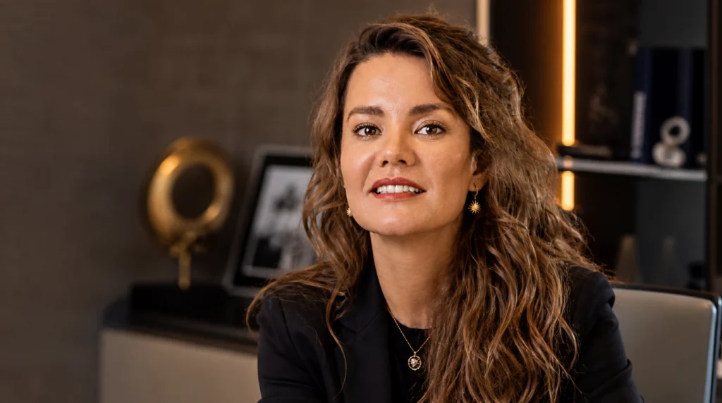 Trendyol kurucusu ve CEO'su Demet Mutlu'nun modern ofis ortamında, şık siyah ceketi ve dalgalı saçlarıyla çekilmiş ultra gerçekçi ve profesyonel portresi.