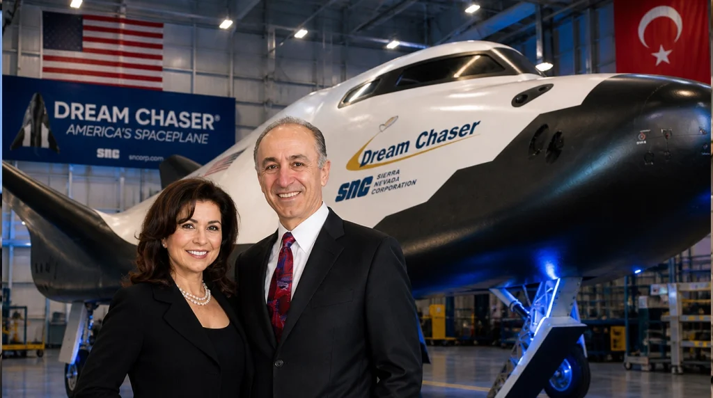 Sierra Nevada Corporation (SNC) sahipleri Eren ve Fatih Özmen'in Dream Chaser uzay uçağı önünde, arka planda Türk ve Amerikan bayrakları ile çekilmiş profesyonel portresi.