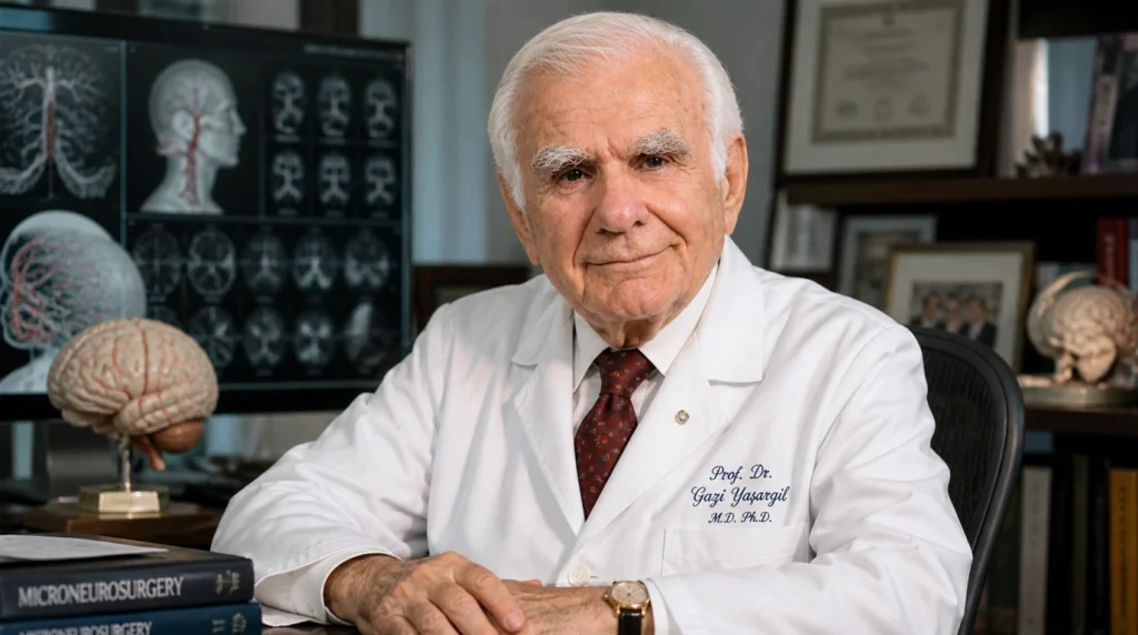 Yüzyılın beyin cerrahı Prof. Dr. Gazi Yaşargil'in çalışma odasında, arka planda nöroradyolojik görüntüler ve mikrosirürji kitapları eşliğinde profesyonel portresi.