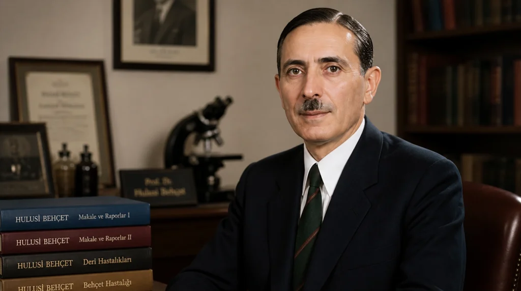 Behçet Hastalığı'nı tanımlayan dünyaca ünlü Türk bilim insanı Prof. Dr. Hulusi Behçet'in, masasında tıp kitapları ve mikroskobu ile tasvir edildiği ultra gerçekçi portresi.