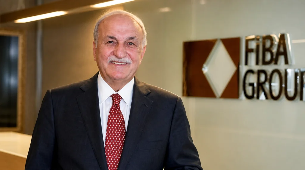 Fiba Group kurucusu Hüsnü Özyeğin'in ofis ortamında, FIBA GROUP logosu önünde çekilmiş, koyu renk takım elbise ve kırmızı kravatlı profesyonel portresi.