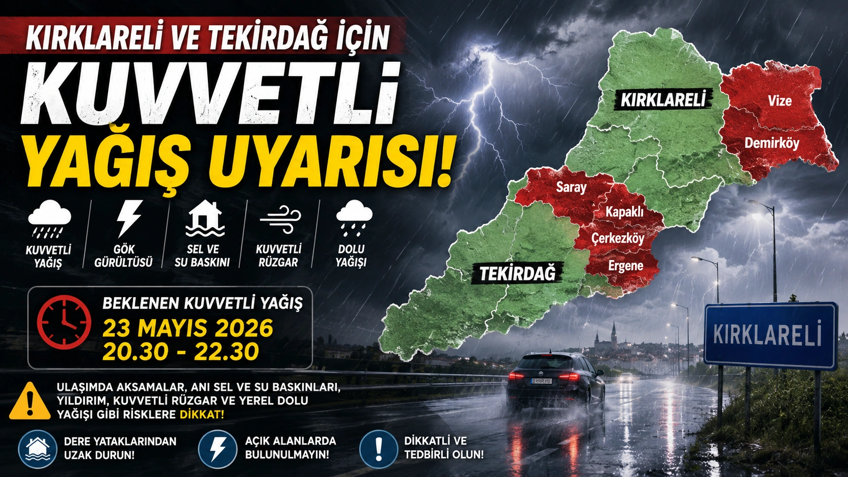Kırklareli ve Tekirdağ’da Kuvvetli Yağış Uyarısı