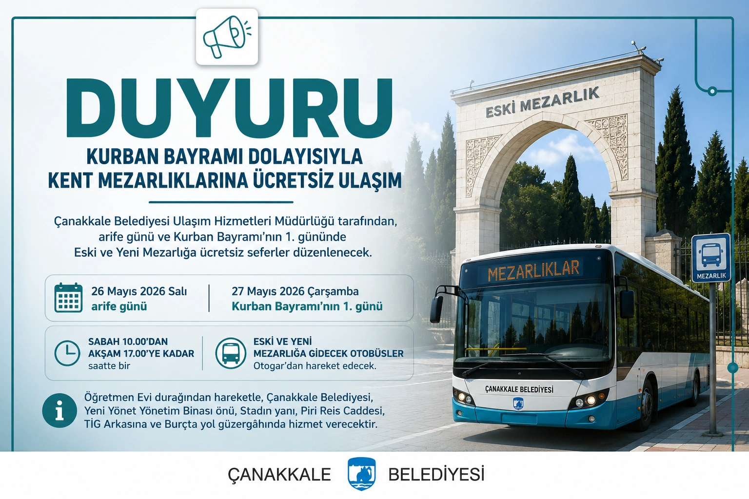 Bayramda Mezarlıklara Ücretsiz Ulaşım Başlıyor