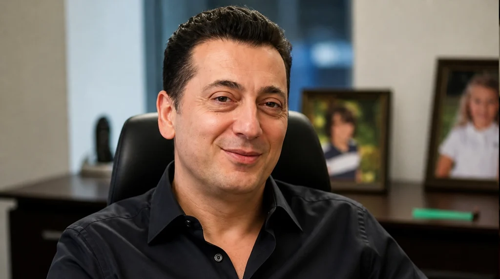 Comodo Group kurucusu ve siber güvenlik uzmanı Melih Abdulhayoğlu'nun ofis ortamında, arka planda aile fotoğrafları ile gülümseyen profesyonel portresi.