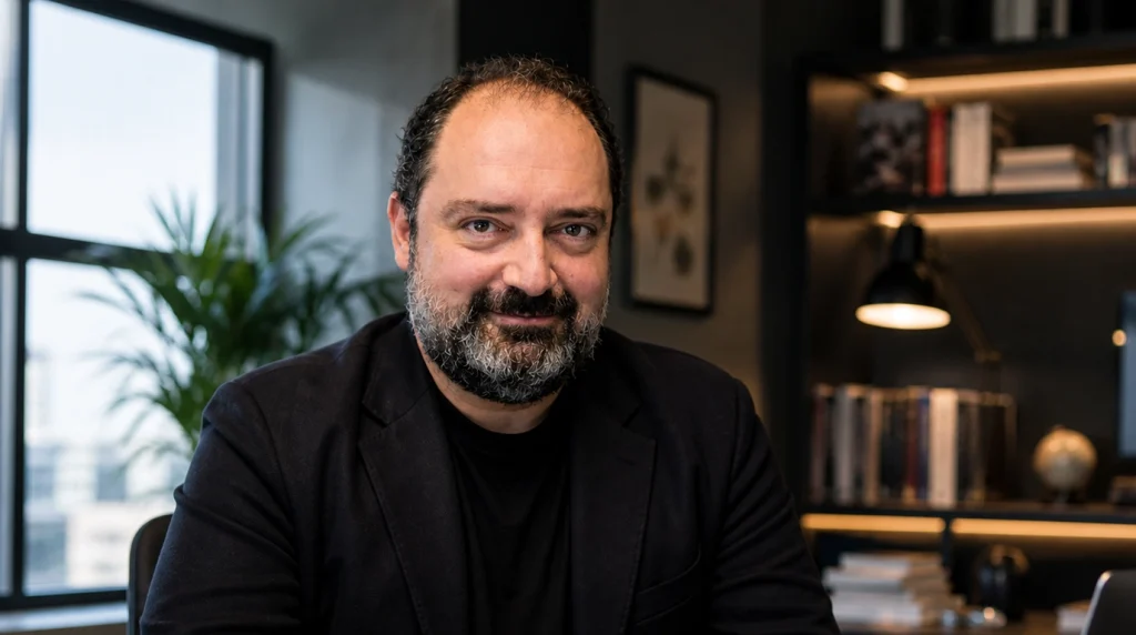 Yemeksepeti kurucusu ve melek yatırımcı Nevzat Aydın'ın modern bir ofis ortamında, arka planda kitaplık ve bitki detayları eşliğinde çekilmiş profesyonel ve ultra gerçekçi portresi