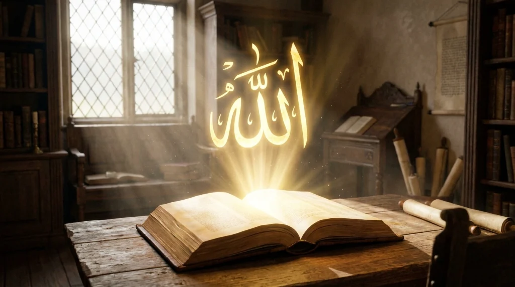 Rüyada bir kitapta veya kağıtta Allah yazısı görmenin ilim ve hikmet anlamını vurgulayan estetik rüya görseli.
