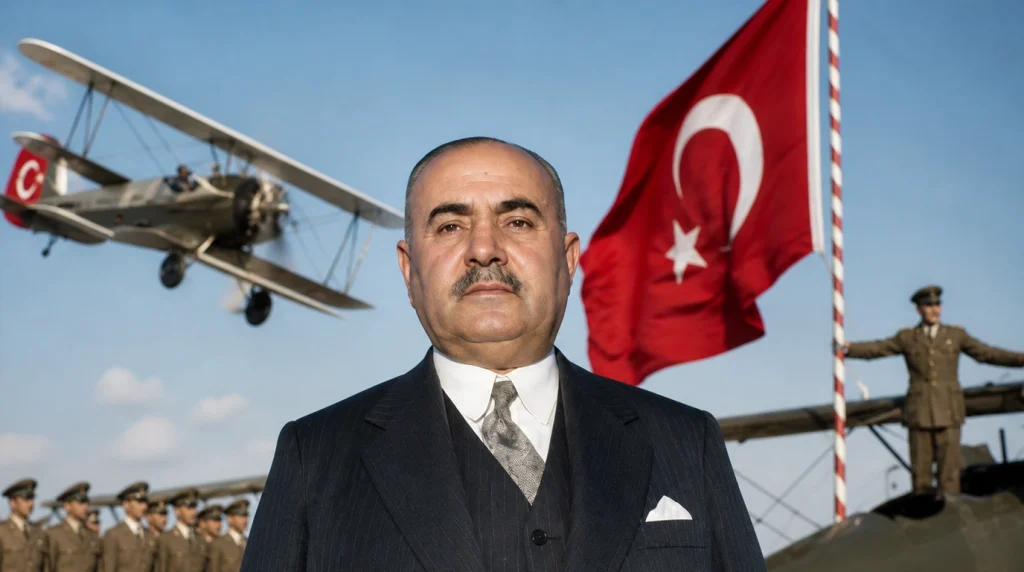 Türkiye'nin havacılık sanayii öncüsü Nuri Demirağ'ın arka planda yerli üretim çift kanatlı uçak, Türk bayrağı ve askerler eşliğinde tasvir edildiği tarihi kolaj portresi.
