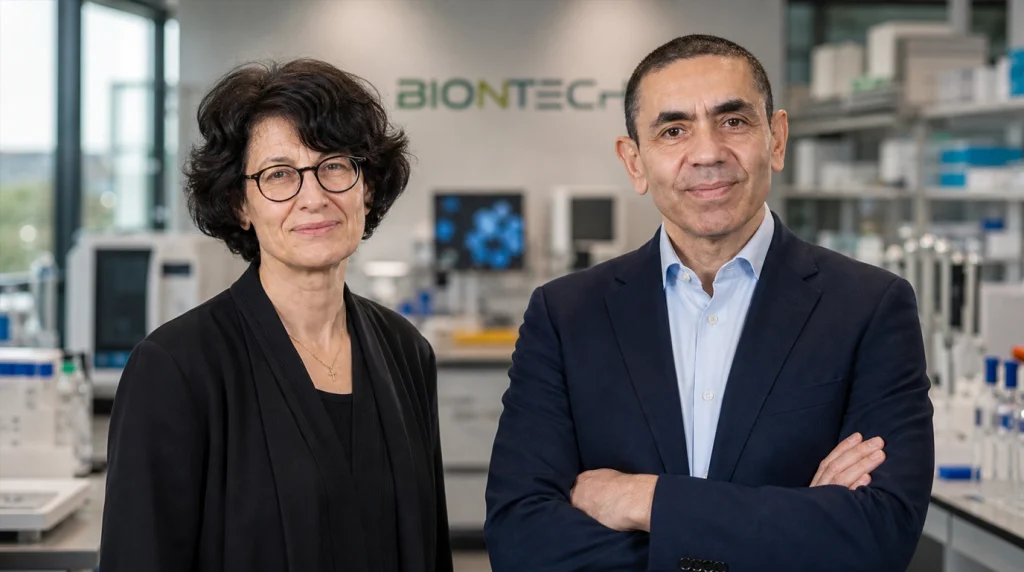 BioNTech kurucuları Özlem Türeci ve Uğur Şahin'in modern bir laboratuvar ortamında, arka planda BioNTech logosu ile yan yana duran profesyonel portresi