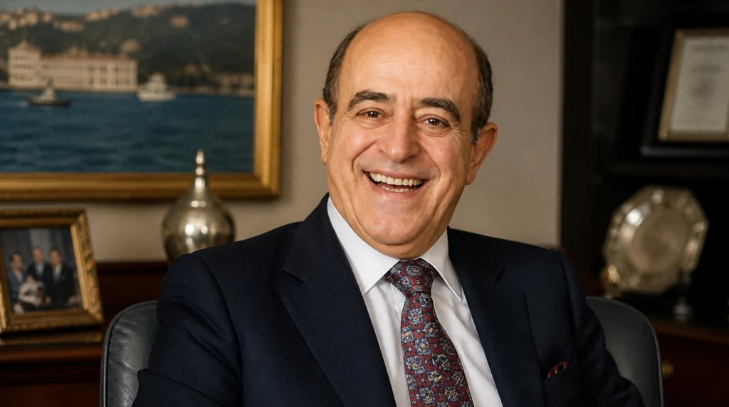 Sabancı Holding kurucusu ve eski yönetim kurulu başkanı Sakıp Sabancı'nın gülen yüzüyle tasvir edildiği, arkasında İstanbul Boğazı tablosu ve ofis detayları yer alan ultra gerçekçi portresi