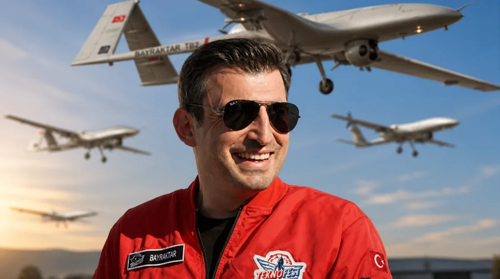 Baykar CTO'su Selçuk Bayraktar'ın kırmızı TEKNOFEST ceketi ve güneş gözlüğüyle, arka planda uçan Bayraktar TB2 SİHA filosu önünde gülümseyen profesyonel portresi