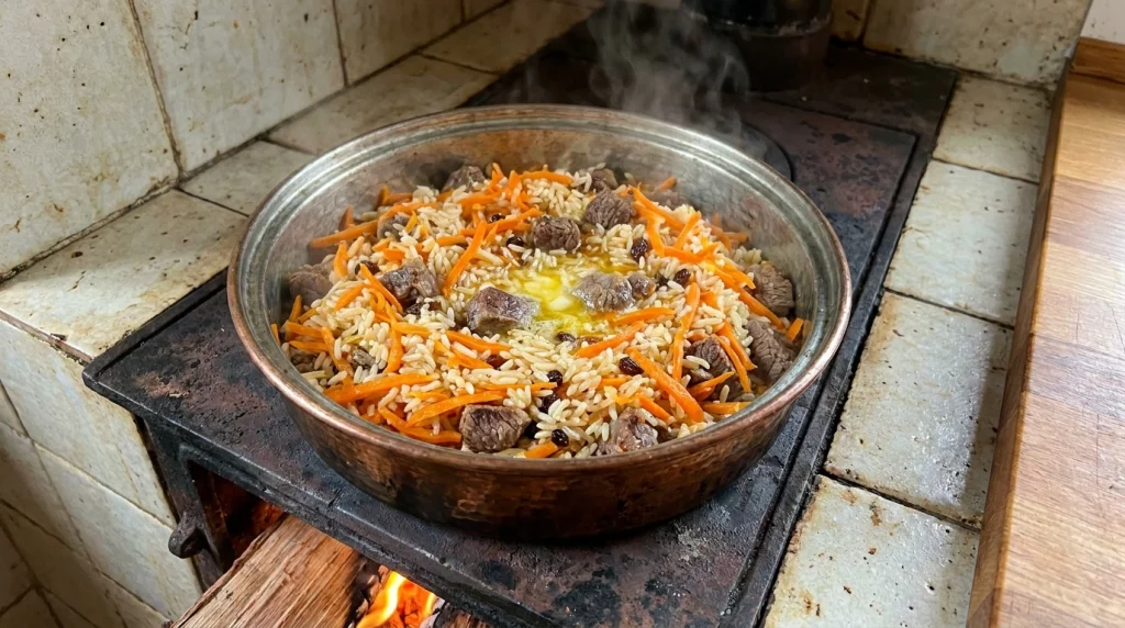 Tencerede tereyağı, havuç ve etle birlikte ağır ağır pişen acem pilavı aşaması.