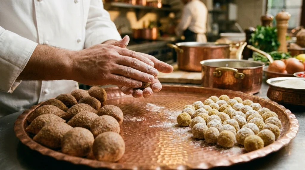 Bulgur hamurundan hazırlanan büyük ana köfteler ve unlanmış küçük kız köftelerin yapılış aşaması.