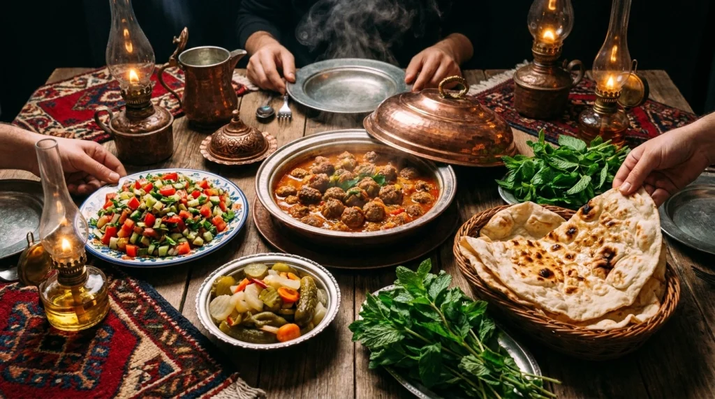 Yanında taze çoban salatası, turşu ve sıcak lavaş ile hazırlanan analı kızlı yemeği menüsü.
