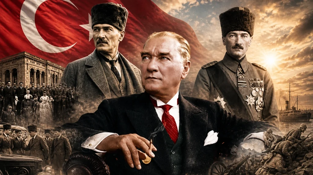 Mustafa Kemal Atatürk'ün sivil ve askeri portrelerini içeren sanatsal kolaj resmi. Merkezde smokinli Atatürk, çevresinde kalpaklı ve üniformalı Atatürk portreleri, arka planda Türk bayrağı, Kurtuluş Savaşı sahneleri ve halk.