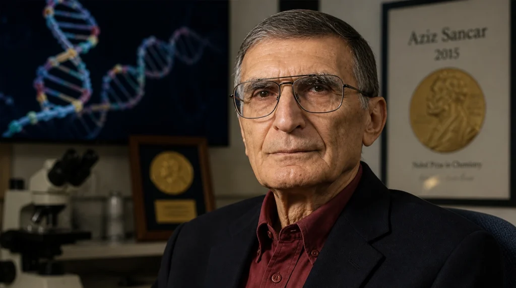 Nobel Kimya Ödülü sahibi Türk bilim insanı Aziz Sancar'ın çalışma odasında, arka planda DNA modeli ve Nobel sertifikası ile çekilmiş ultra gerçekçi portresi.
