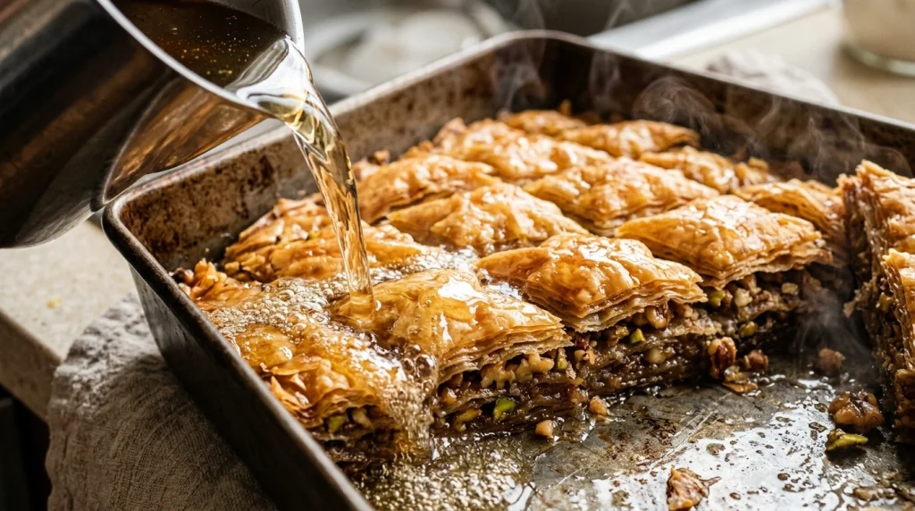 Fırından yeni çıkmış sıcak ev baklavasının üzerine soğuk şerbet dökülme anı