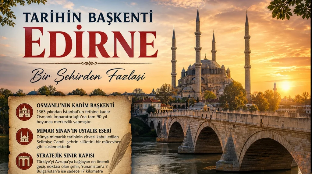 Edirne'nin Osmanlı'dan Cumhuriyet'e uzanan hikayesini keşfedin. Selimiye Camii, nehirler, 1892 Salnamesi ve geleneksel el sanatları ile Edirne gezi rehberi burada.