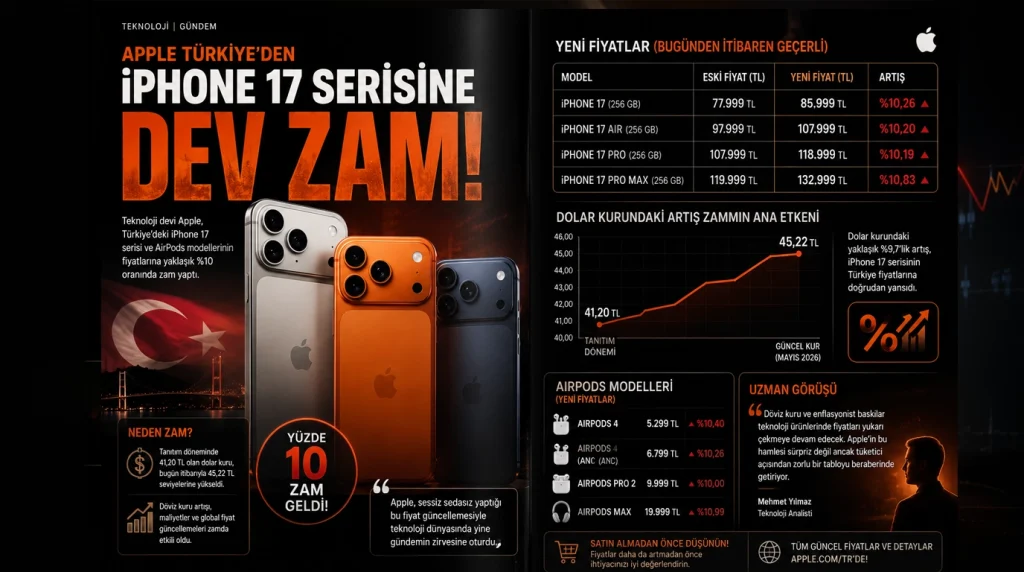 Apple Türkiye, iPhone 17 serisi ve AirPods fiyatlarını güncelledi. Yeni iPhone 17 fiyat listesi ve kur etkisiyle gelen yüzde 10'luk zammın detayları haberimizde.