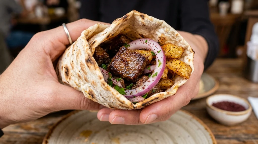 Yumuşacık pişmiş Arnavut ciğeri, patates ve sumaklı soğanla hazırlanan lavaş dürümün yakından görünüşü.