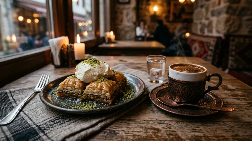 Yanında köpüklü Türk kahvesi ve üzerinde manda kaymağı ile servis edilen baklava tabağı