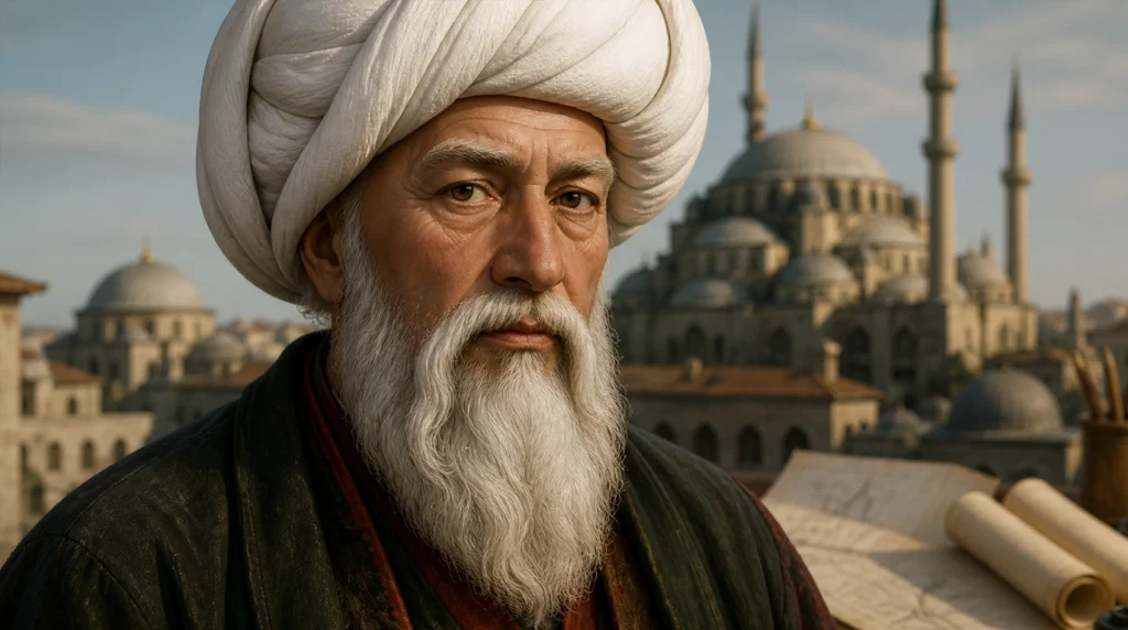 Osmanlı başmimarı Mimar Sinan'ın beyaz sarıklı ve sakallı portresi, arka planda tarihi cami silüeti ve önünde mimari çizimler.