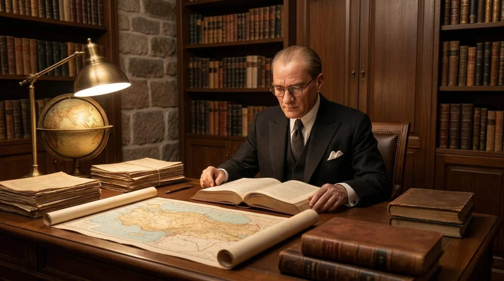 Rüyada Atatürk'ü çalışma masasında kitaplar ve haritalar arasında görmek; akıl, bilim ve doğru karar verme yetisini temsil eder.