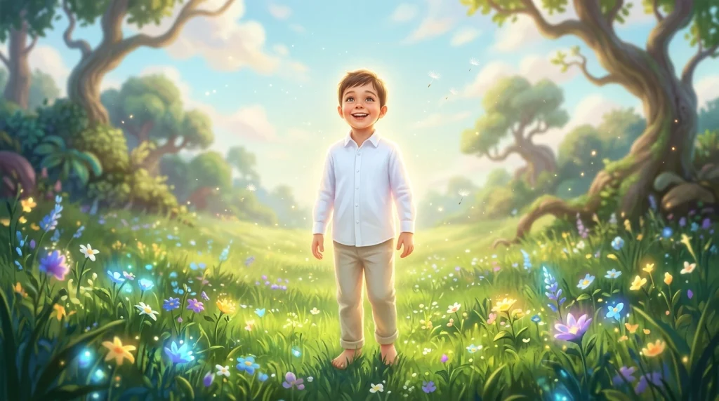 Rüyada beyaz gömlekli erkek çocuğunun gülümsediğini gören ve gelecekteki şansı, masumiyeti simgeleyen parıltılı rüya sahnesi.