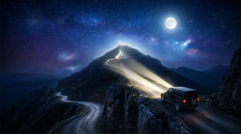 Gece vakti farları yolu aydınlatan bir aracın dik yokuşu tırmanışı; bilinçaltındaki gizli hedefleri temsil eder.