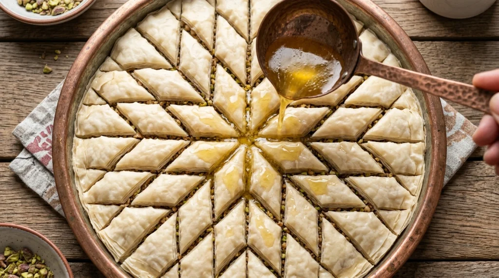Fırına girmeden önce üzerine eritilmiş sade yağ gezdirilen dilimlenmiş tepsi baklavası