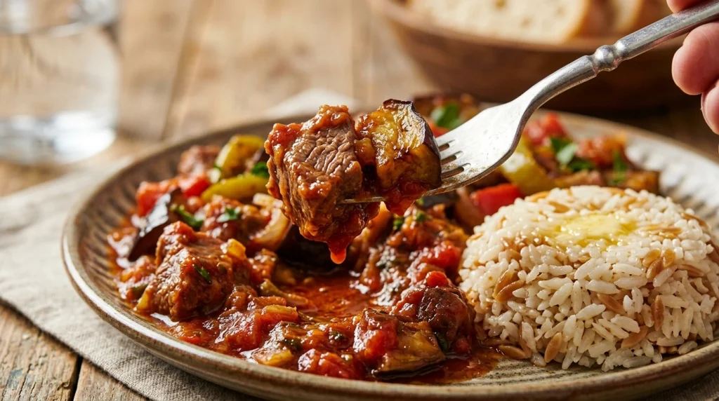 Tereyağlı pirinç pilavı eşliğinde servis edilen lokanta usulü bahçıvan kebabı yakın çekim.