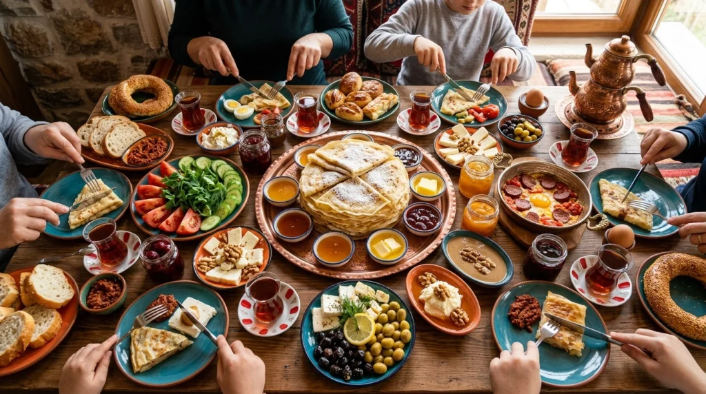 Ortasında büyük bir tabak akıtmanın yer aldığı, peynirler ve reçellerle dolu zengin Trakya kahvaltı sofrası genel görünümü.