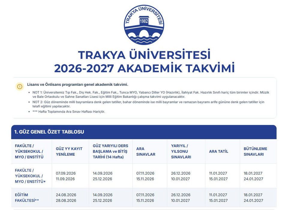 Trakya Üniversitesi 2026-2027 Akademik Takvimi Yayımlandı
