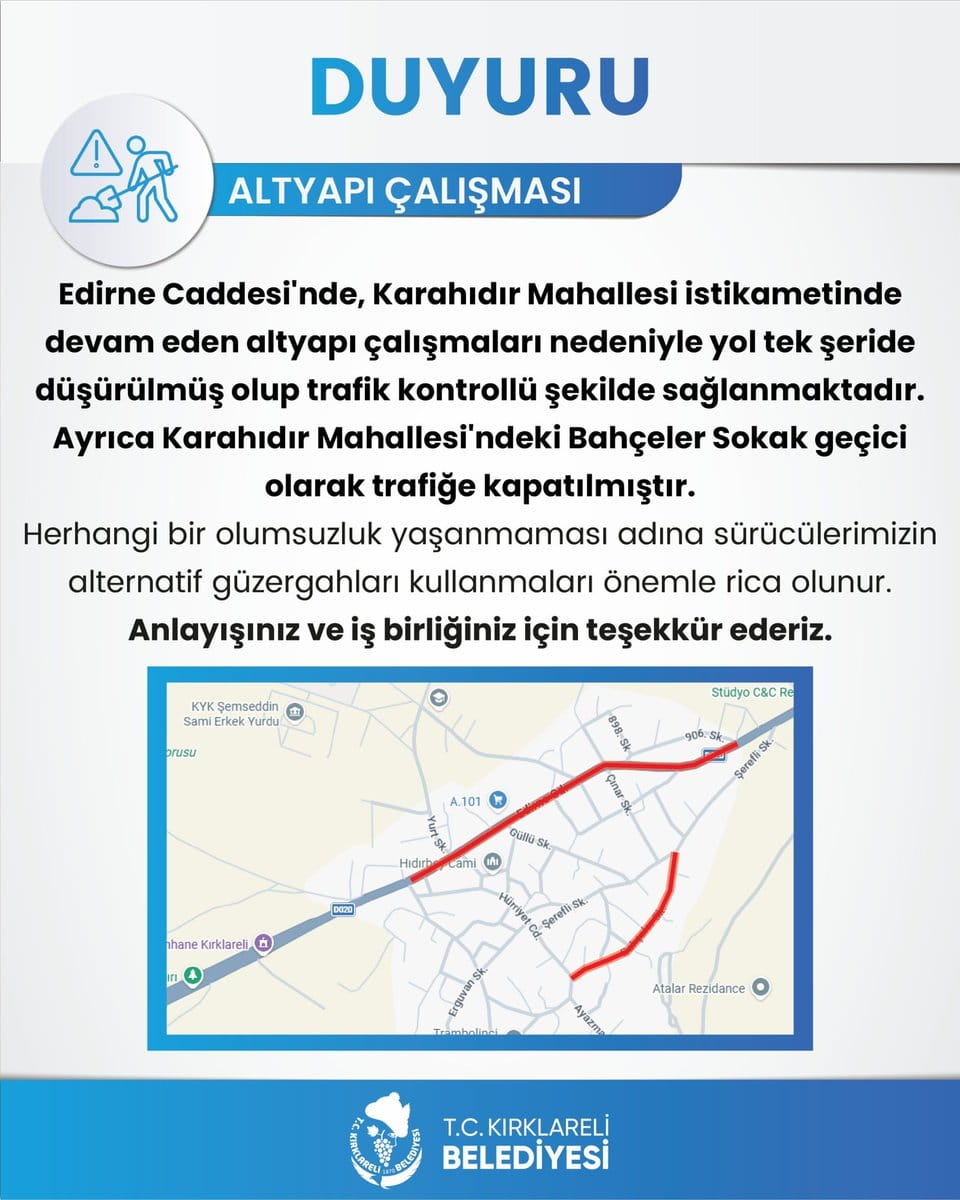 Edirne Caddesi’nde Trafik Tek Şeride Düşürüldü