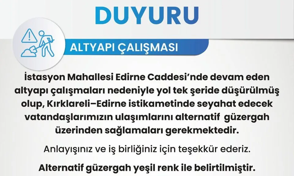 Altyapı Çalışması: Kırklareli-Edirne Yolu Tek Şerit