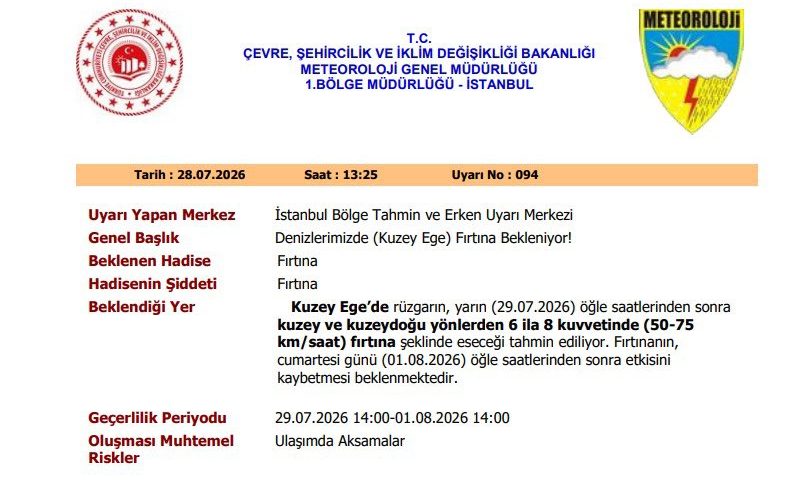Kuzey Ege’de Fırtına Alarmı: 29 Temmuz’da Başlıyor