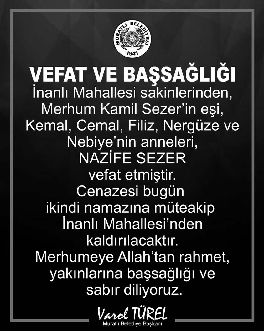 İnanlı Mahallesi’nde Nazife Sezer Vefat Etti